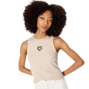 Wild Fable Beige Ribbed Tank with Cutout Heart Black Embrodierd Edging Detail